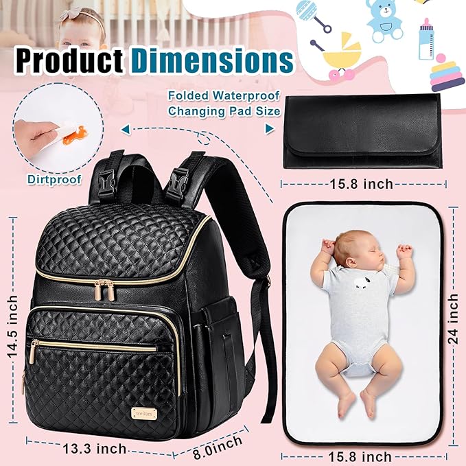 Weitars Diaper Bag Backpack Leather Baby Diaper Bag with Changing Pad Travel Diaper Backpack,Baby Bag for Mom,Stroller Straps,5 Insulated Pockets (Black Leather)