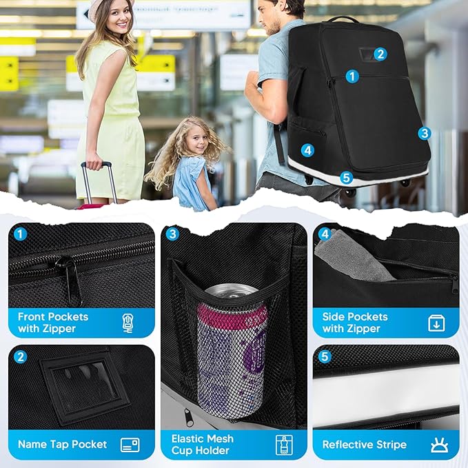 Extendable Height Car Seat Travel Bag with Wheels, Padded Carseat Travel Bag for Airplane, Baby Infant Booster Seat Bags for Air Travel