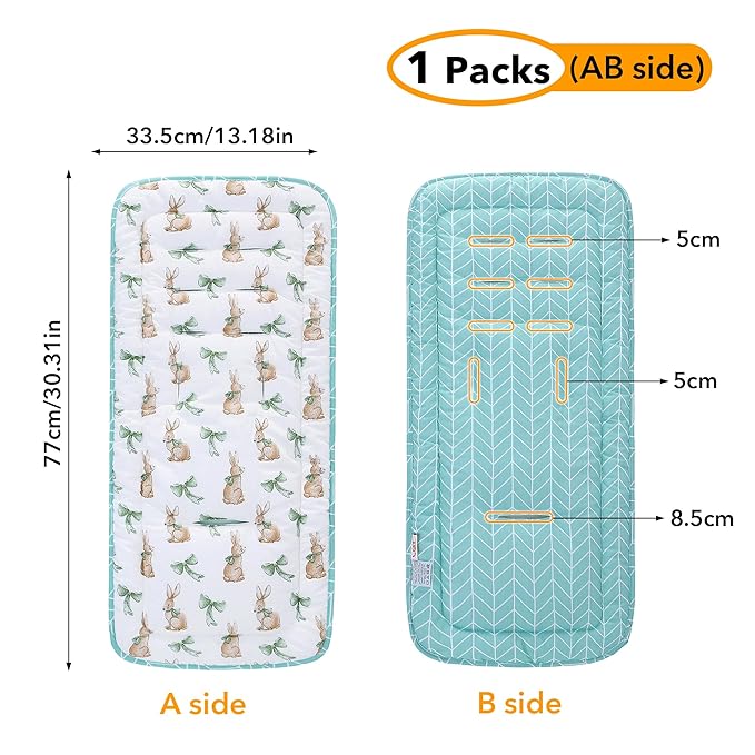 Baby Stroller Cushion,Infant Car Seat Insert-Reversible Universal Breathable and Soft Newborn Stroller Mat,100% Cotton Cover Toddler Seat Pad Liner-34x78cm,1 Pack(Rabbit+Green)