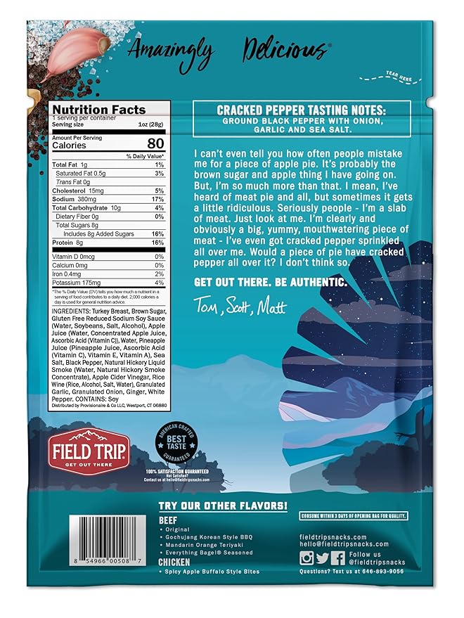 Field Trip Turkey Jerky, Gluten Free, Low Carb, Healthy High Protein Snacks, No Nitrates, All Natural Ingredients, Cracked Pepper, 1oz Bags, 12 Pack