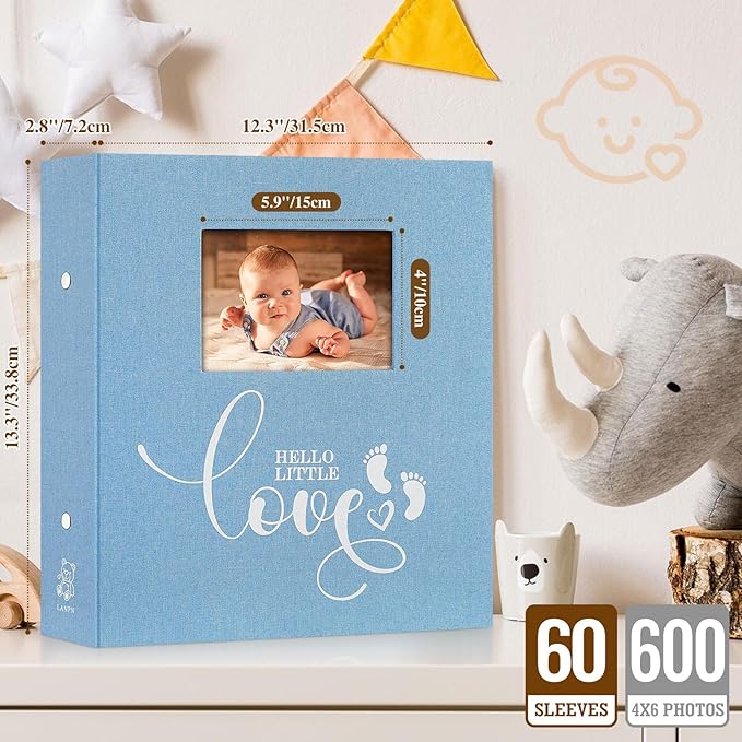 Lanpn Baby Photo Album 4x6 600 Pockets, Linen cover Newborn Bebe Memory Book Photobook Holds 600 Horizontal and Vertical Pictures, Picture Album with Front Window Gift for Boy Girl Baby Shower Blue