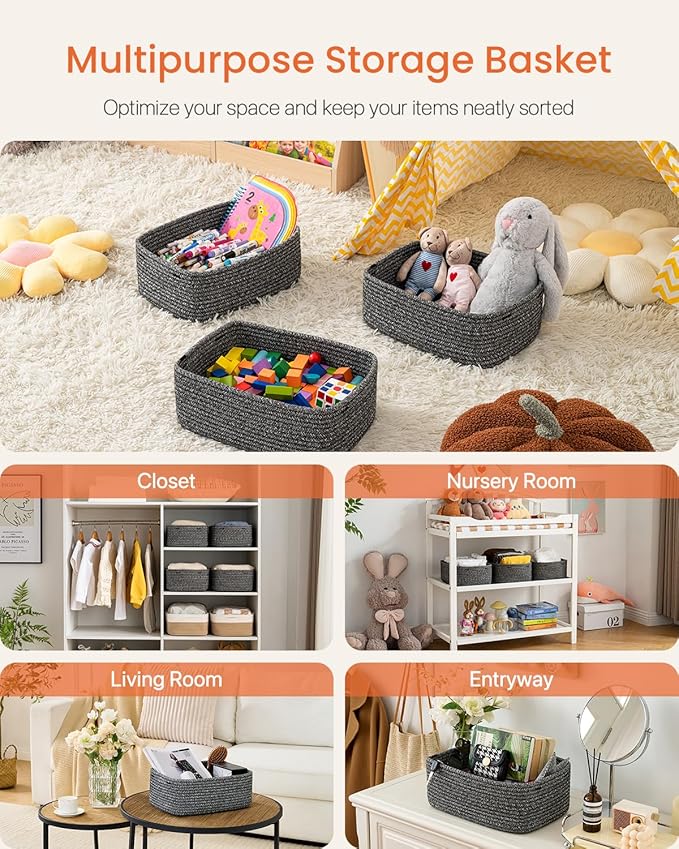 Small Woven Basket, 13.5 x 9.5 x 5 Inches, Storage Basket for Organizing, Cute Small Rope Shelf Closet Cube Storage Bins Baskets for Shelves, Dog Toy Gift Baskets Empty, 3 Pack Mixed Black