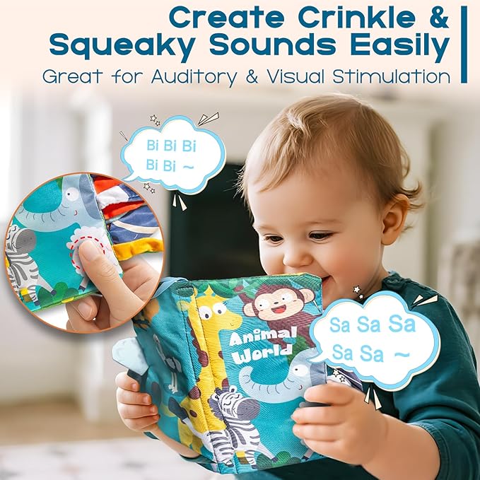 Soft Book Toys for Babies 0-18 Months, 2PCS Crinkle Cloth Books – Animals and Ocean Themes, Tails Sensory Book with Rings for Hang, Montessori Early Learning Infant Toy for 0-6-12-18 Month