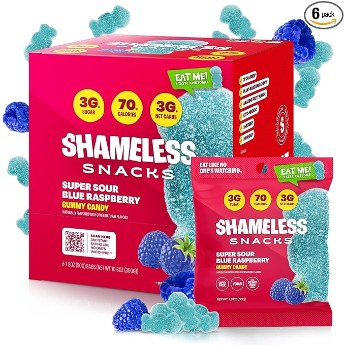 Shameless Snacks - Healthy Low Calorie Snacks, Low Carb Keto Gummies (Gluten Free Candy) - 6 Pack Sour Blue Raspberry