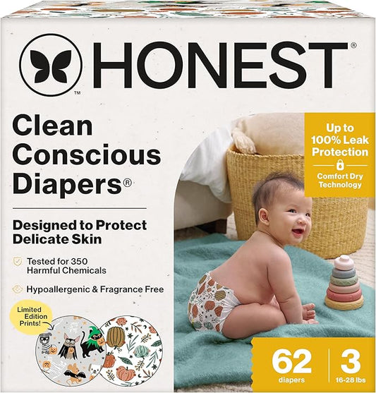 The Honest Company Clean Conscious Diapers for Delicate Skin | Up to 100% Leakproof | Hypoallergenic, Fragrance Free | Fall '25 Limited Edition Prints | Club Box, Size 3 (16-28 lbs), 62 Count