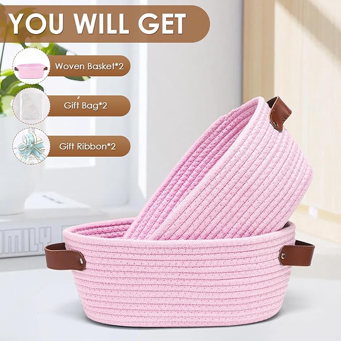 CHEPULA 2 Pack Woven Basket with Gift Bags and Ribbons, Gift Basket Empty for Organizer Baby Shower, Holiday Presents, Wedding, Storage Basket for Nursery (Pink)