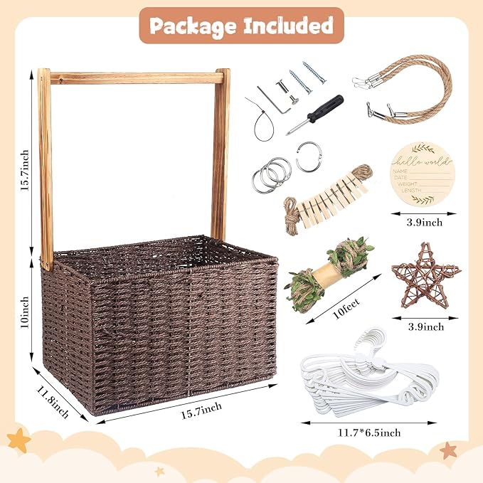 Wooden Baby Shower Crate Closet, Baby Storage Crate with Handle, Foldable Handwoven Storage Basket for Gifts, Welcome Gift Basket for Newborn Boys Girls, Pregnancy Gifts for New Parents