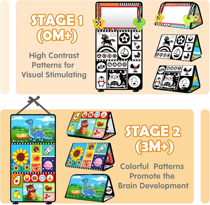 Baby Toys 0-6 Months - Tummy Time Toy Black and White High Contrast Newborn Toys - Baby Mirror with Cloth Book Teether - Montessori Sensory Crinkle Toy for Infant 0-3-6-12 Month Boy Girl Shower Gifts