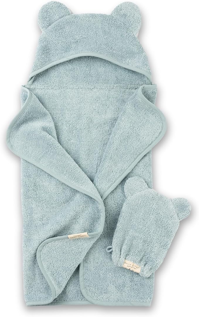 Bella Tunno Baby Bath Towel and Wash Mitt Set – Soft Absorbent Hooded Towels and Mitt-Style Baby Washcloths, Oeko-TEX Certified (Fog)