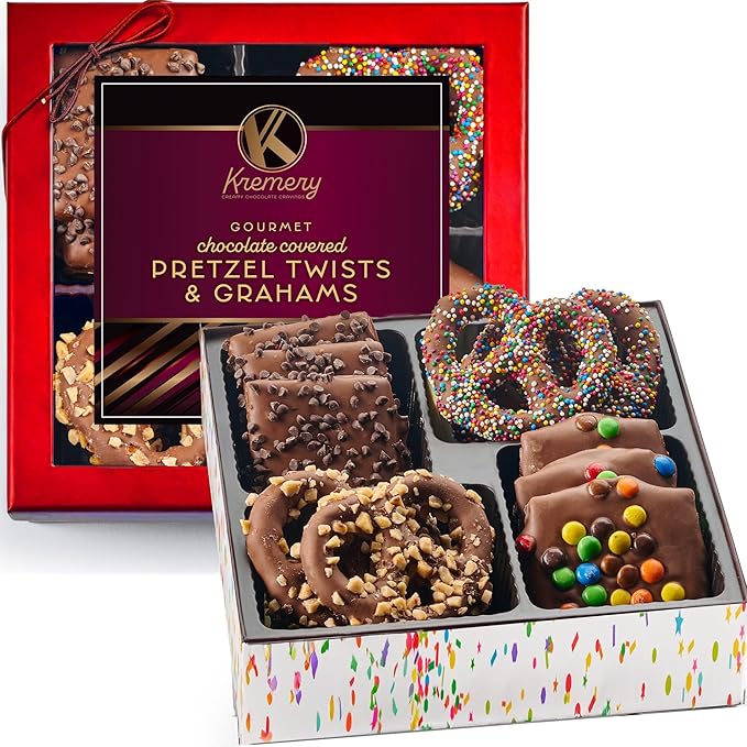 KREMERY Creamy Chocolate Cravings - Chocolate Covered Pretzel Twists & Grahams Cookies Gift Basket, in Brown Gift Box (12 Count, Assorted Sweet Toppings) Food Assortments USA Made