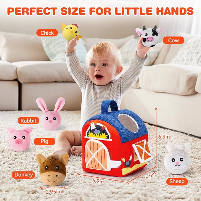 Soft Barn Baby Toys 6-12 Months with Stuffed Farm Animals, Rattle Squeaky Crinkle Sound & Mirror, Montessori Sensory Plush Infant Toy for 6 7 8 9 10 11 Month, 1 Year Old Baby Boy Girl Birthday Gifts