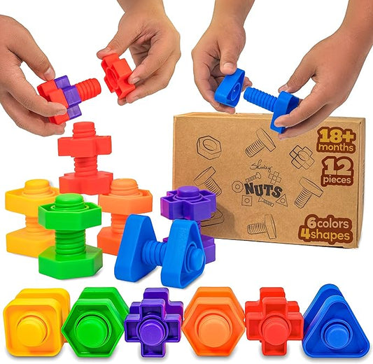 Skoolzy 12 Pc Jumbo Nuts and Bolts - Montessori Set for 18 Month+ Kids – Travel & Motor Skills Development