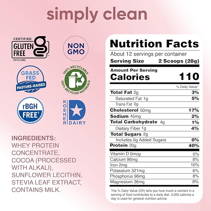 Simply tera's Pure Whey Protein Powder - Dark Chocolate Clean Protein Powder, Grass Fed Whey Protein Powder Without Artificial Sweeteners, Clean Label, Non-GMO, Kosher, rBGH-Free - 12 Oz