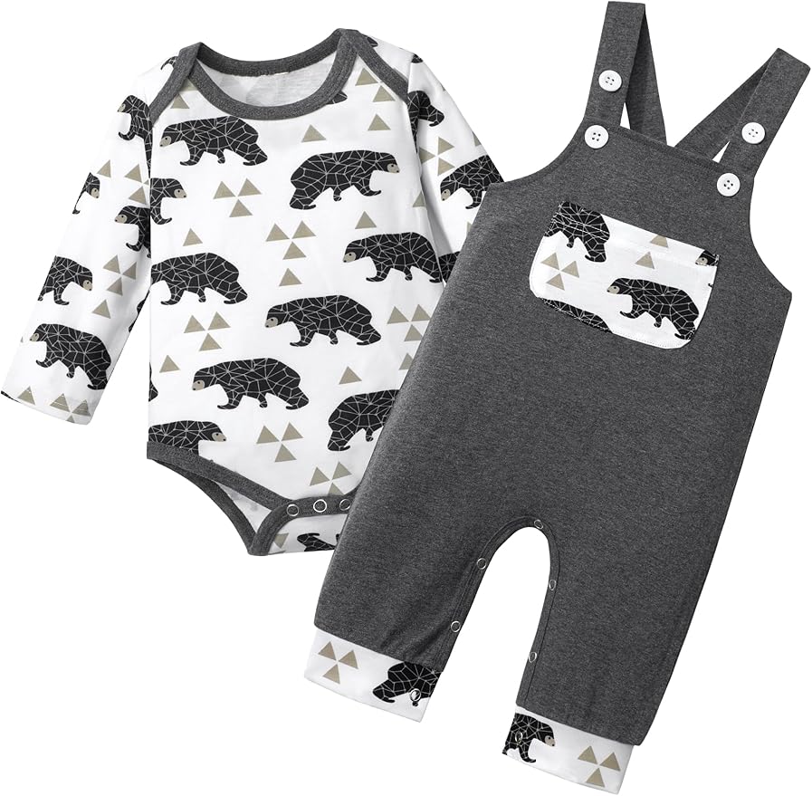 Baby Boy Clothes Long Sleeve Animal Plaid Romper + Overalls Infant Boy Clothes 2PCS Fall Winter Outfits