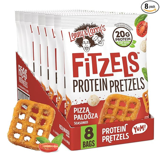 Lenny & Larry's Pizza Palooza FITZELS- Savory Pretzel Snacks Incredibly Tasty High Protein, Salty, Vegan 20 g's of Plant Based Protein 8 (eight) Bags, 3 oz Each