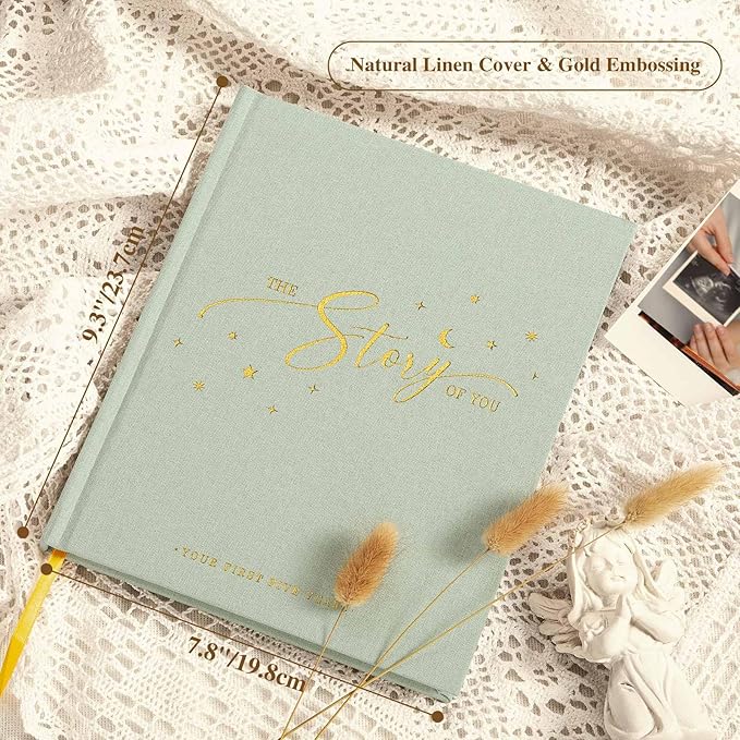 Lanpn Baby Memory Book - Linen Baby Book Journal Memories Keepsake - The Story of You - Newborn Baby First 5 Year Scrapbook Photo Book Milestone Album for Boy Girl New Parents (Sage Green, 154 Pages)