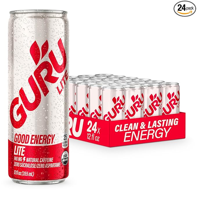 GURU Lite Organic Energy Drinks, Clean Energy Drink with Plant Based Natural Caffeine from Green Tea, Low Calorie, Gluten Free and Vegan, 140MG Caffeine, Healthy Drinks, 12oz (Pack of 24)