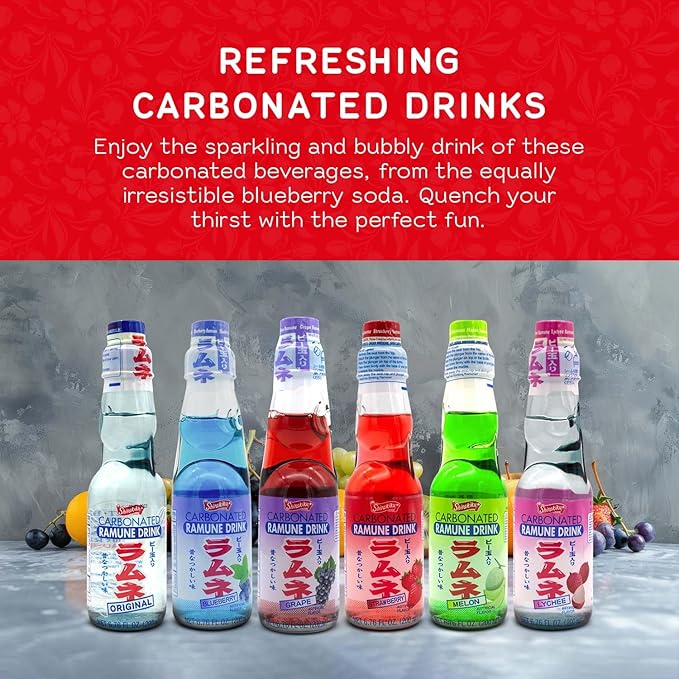 Shirakiku Ramune Japanese Soda Variety Pack | Japanese Marble Soda in Multiple Flavors | Original, Strawberry, Melon, Lychee, Grape, Blueberry - 6.76 fl oz Bottles - Pack of 6