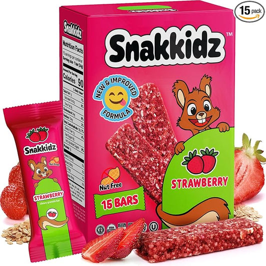 Snakkidz Organic Chewy Granola Bar, Allergen Free, Made with Avocado Oil, Low Sugar (15 Bars, Strawberry)