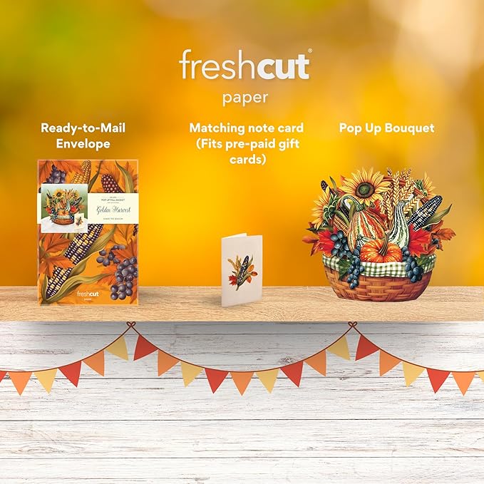 Freshcut Paper Pop Up Cards, Golden Harvest, 12 Inch Life Sized Forever Flower Bouquet 3D Popup Greeting Card, Birthday Cards, Thank You Card, Blank Notecard & Envelope