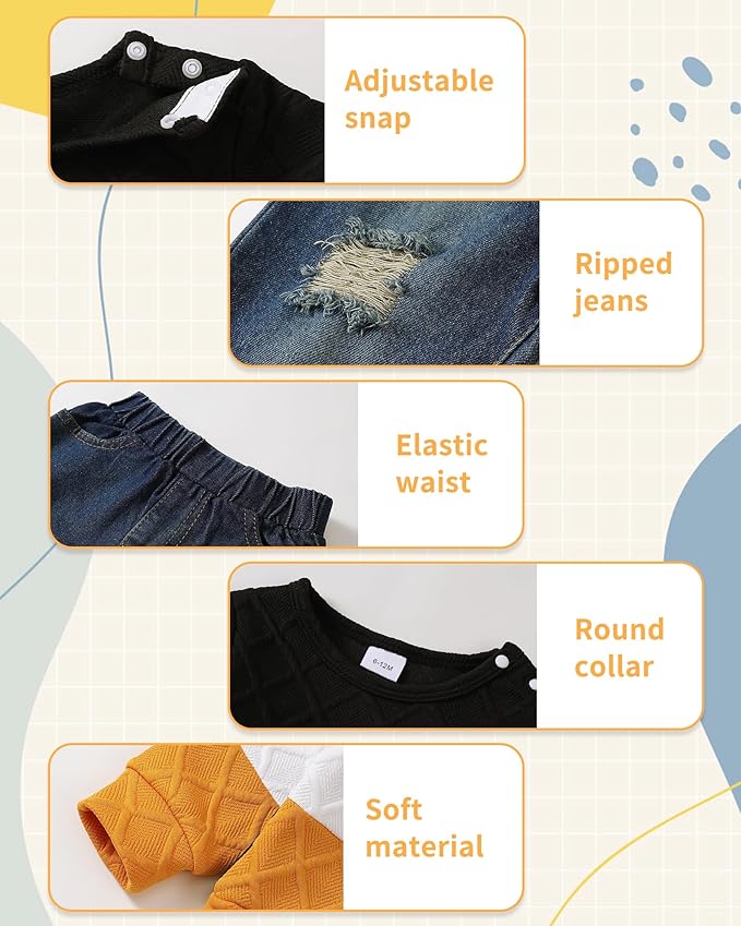 NZRVAWS Toddler Baby Boy Clothes Pullover Sweater Ripped Jean Sweatsuit Little Boy Outfit Fall Winter Clothing Set 6M-7T