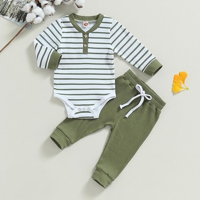 Newborn Baby Boy Girl Clothes Ribbed Knitted Long Sleeve Romper Pants Solid Cotton Infant Fall Winter Outfits 2Pcs