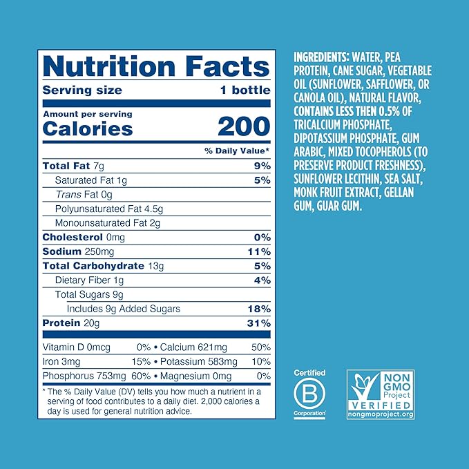 Ripple Vanilla Plant Based Protein Shake | 20g of Quality Sourced Pea Protein, Calcium & Iron Rich | Shelf Stable | Vegan & Non GMO | Dairy, Soy, Nut, & Gluten Free | 12 Fl Oz Bottles (Pack of 12)