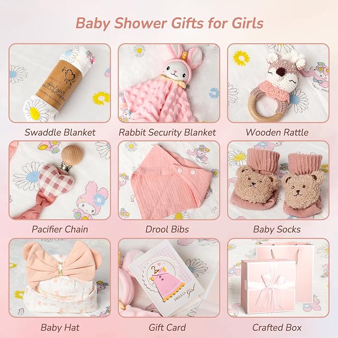 10 PCS Baby Gift Set for Girls, Newborn Essentials Stuff Baby Girl Gifts, Baby Girl Gift Basket, Gender Reveal Gifts Basket with Rattle Swaddle Blanket