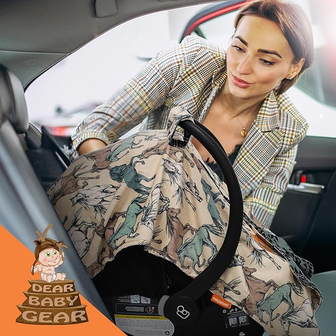 Dear Baby Gear Car Seat Cover for Boys & Girls - Baby Carseat Canopy w/Snap Opening - Infant Seat Cover - Stroller & Nursing Covers - Newborn Carrier Canopy -40x30"(Tan Teal Cream Horses, Aztec Teal)