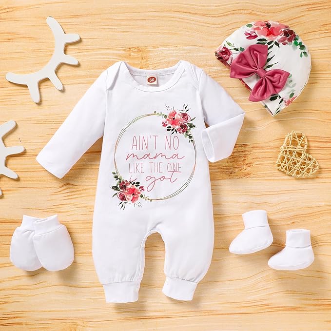 Sinhoon Newborn Baby Girl Romper Infant Letter Print Bodysuit Jumpsuit+Hat+Gloves+Socks 4Pcs Coming Home Clothes Outfit