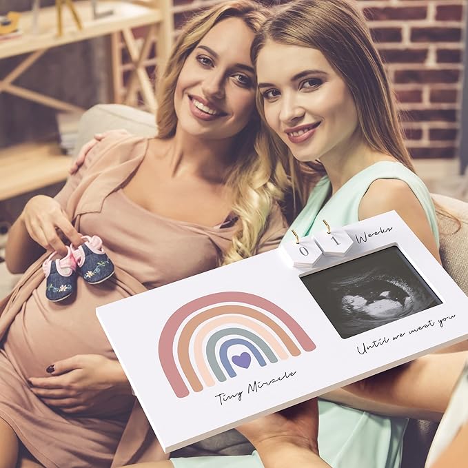 Rainbow Baby Sonogram Picture Frame Countdown Weeks, Pregnancy Announcement Ideas, 4"x3" Ultrasound Photo, Gender Reveal Baby-Shower Gift for New Mom Dad Expecting Parents Grandparents to Be Keepsake