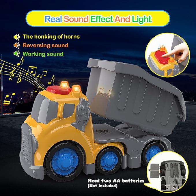 P&C 7.6" Toddler Construction Dump Truck Toys for Ages 2-4, Beach Sand Outdoor Toys Dump Truck Set with Sounds and Lights for Kids 18M+, 2, 3, 4, Ideal Birthday Christmas Gifts for Boys Girls