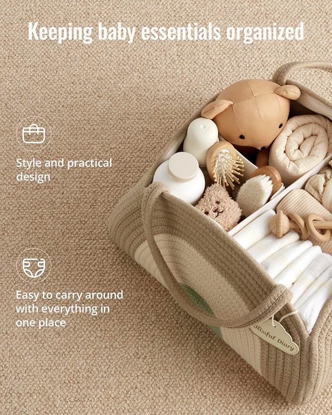 Blissful Diary Baby Diaper Caddy Organizer, Cotton Rope Diaper Caddy Basket, Large Storage Basket for Newborn Boys and Girls, Gift for Baby Shower List, Newborn Essentials, Natural Rainbow