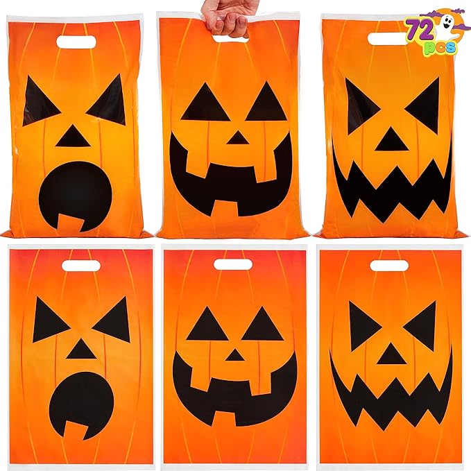 JOYIN 72 Pcs Halloween Goodie Bag, Pumpkin Plastic Candy Bags for Kids trick or treating, Halloween Jack o' Lantern Trick or Treat Bags for Snacks Party Favors, Treats Party Supplies