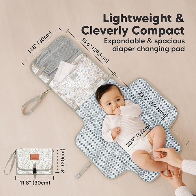 KeaBabies Portable Diaper Changing Pad - Large Waterproof Baby Changing Mat, Compact Travel Diaper Clutch, Functional Pockets Fit Newborn Essentials, Wipeable & Padded Baby Changer (Prairie)