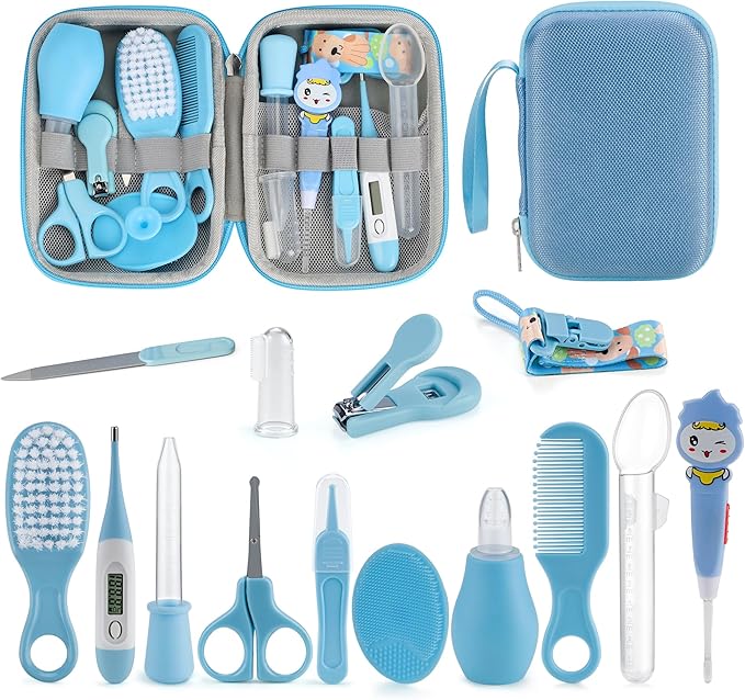 OTTOLIVES Baby Healthcare and Grooming Kit, 15 in 1 Baby Shower Gifts with Nail File, Hair Brush Comb, Toothbrush, Nasal Aspirator, Baby Essentials Kit for Newborn Infant Girls Boys (Blue)