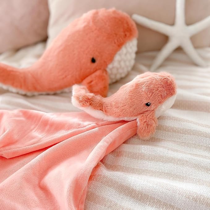 MON AMI Coral Whale Plush Lovey for Babies – 13.5” | Knotted Security Blanket for Newborns