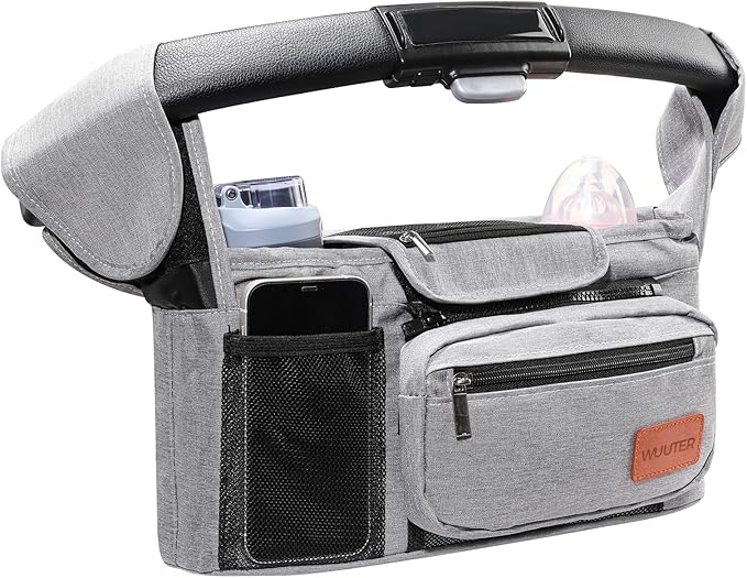 Universal Stroller Organizer with Cup Holder & Detachable Wristlet Large Baby Stroller Bag for Mom, Uppababy, Baby Jogger, Britax, BOB & Umbrella Strollers (Grey)