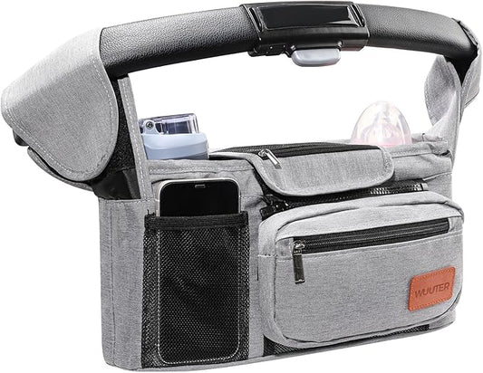 Universal Stroller Organizer with Cup Holder & Detachable Wristlet Large Baby Stroller Bag for Mom, Uppababy, Baby Jogger, Britax, BOB & Umbrella Strollers (Grey)