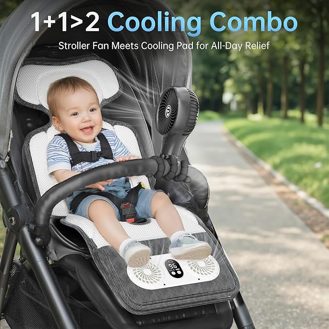 Baby Stroller Cooling Pad with Dual Turbo Blower,10000mAh Rechargeable Battery Powered Cooling Cushion, 3-Speed, Max 10H Runtime, Baby Summer Essential Car Seat Liner for Stroller Car Seat Crib