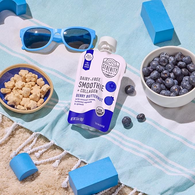 Serenity Kids 6+ Months Dairy-Free Smoothie Baby Food Pouch - USDA Organic & Grass-Fed Collagen Protein - Berry Butternut Flavor - Portable Toddler Snacks - 3.5 Oz, 12 Pack