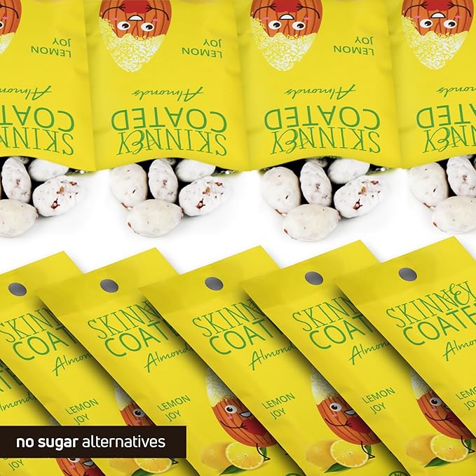 Skinny Coated Almonds Lemon Joy Snacks, Lemon Flavored Healthy Chocolate Snacks in Bulk - Skinny Almonds, Kosher, Gluten Free Sweet Snacks for Adults, 1.2Oz p/Bag, 6 Pack