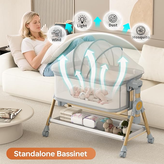 3 in 1 Baby Bassinet Bedside Sleeper, Rocking Bassinet for Baby with Wheels, Music Night Light, Storage Basket, Mattress, Adjustable Height, Portable Rocking Bedside Sleeper for Newborn Infant
