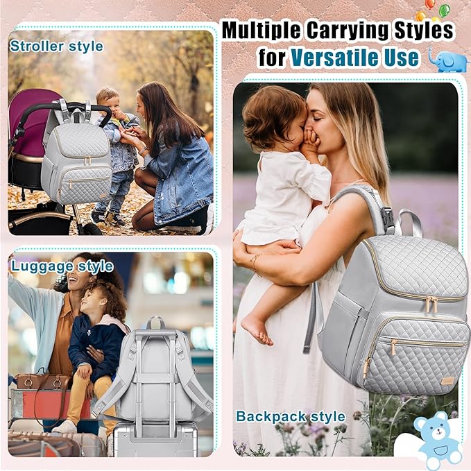 Weitars Diaper Bag Backpack Large Baby Diaper Bag with Changing Pad Travel Diaper Backpack,Baby Bag for Boys Girls,Stroller Straps,5 Insulated Pockets (Gray)