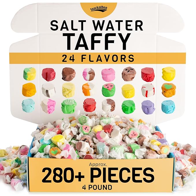 Snackathon Salt Water Taffy Assorted Mix – 24 Flavor Variety, Bulk 4 LB Party Size, Soft & Chewy Gourmet Candy, Approx. 280+ Individually Wrapped Pieces