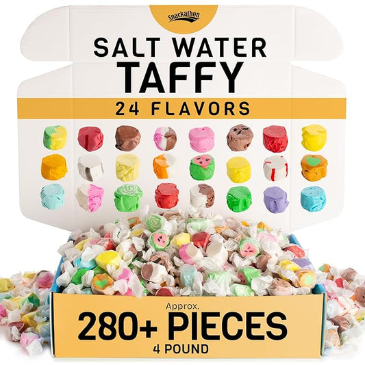 Snackathon Salt Water Taffy Assorted Mix – 24 Flavor Variety, Bulk 4 LB Party Size, Soft & Chewy Gourmet Candy, Approx. 280+ Individually Wrapped Pieces