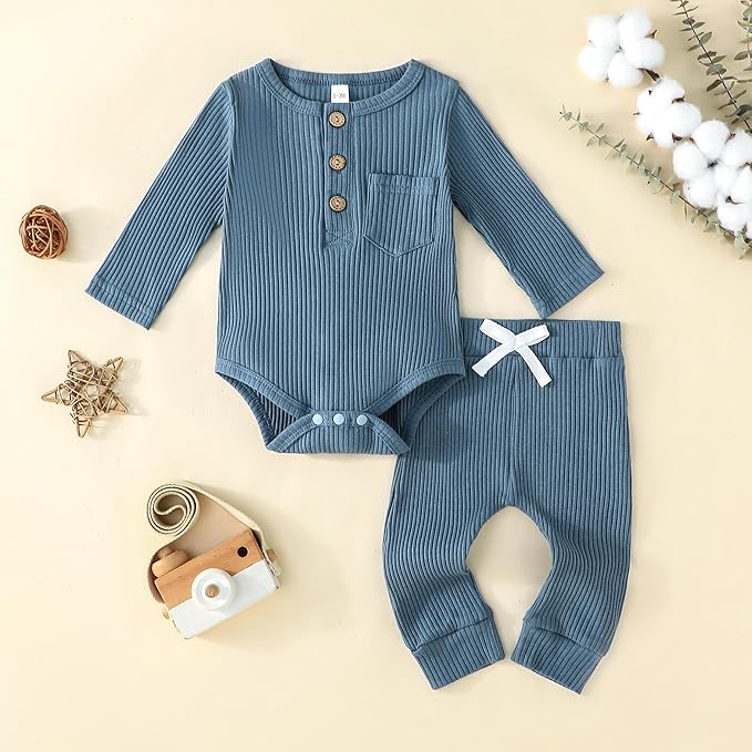 Newborn Baby Boy Girl Clothes Ribbed Knit Cotton Long Sleeve Romper Long Pant Preemie Solid Color Unisex Outfits