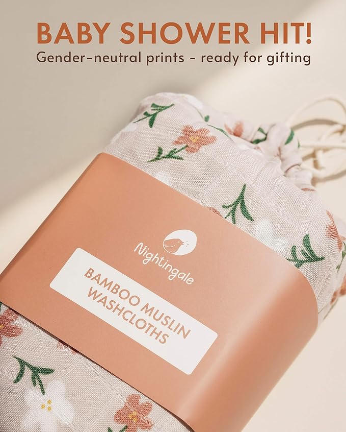 Nightingale Baby Washcloths, Rayon from Bamboo Baby Clothes Organic Wash Cloths with Cotton, Newborn Bath Essentials, Burping Cloths for Babies, Face Towels Reusable 12"x12" (Floral) 6 Pack