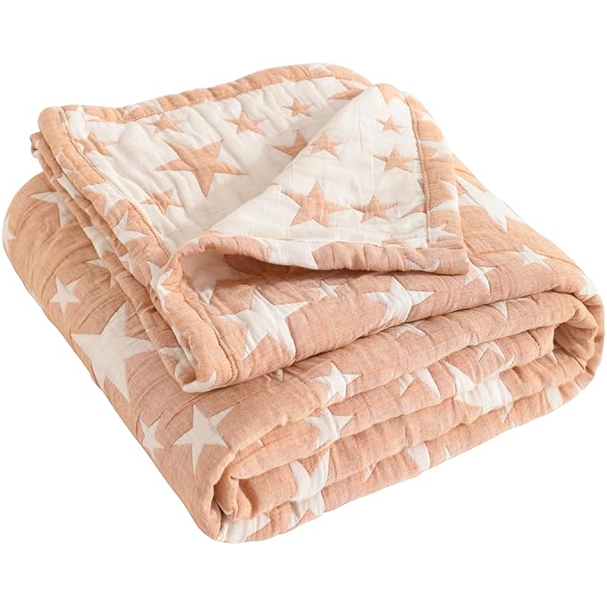 NTBAY 3 Layer Toddler Blanket, Muslin Cotton Jacquard Bed Blankets, Lightweight Thermal Baby Blanket, Super Soft and Warm Crib Blanket for All Seasons, Decoration Gift, 45"x60", Pale Orange Star
