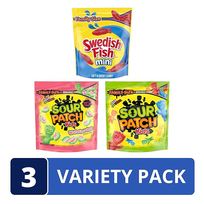 SOUR PATCH KIDS Original, SOUR PATCH KIDS Watermelon, and SWEDISH FISH Mini Soft & Chewy Candy Variety Pack, Family Size, Bulk Candy, 3-1.8 lb Bags